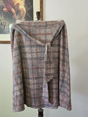 NYCC Plaid Knit Skirt in Taupe, Rust, and Gray, Attached Tie Belt.